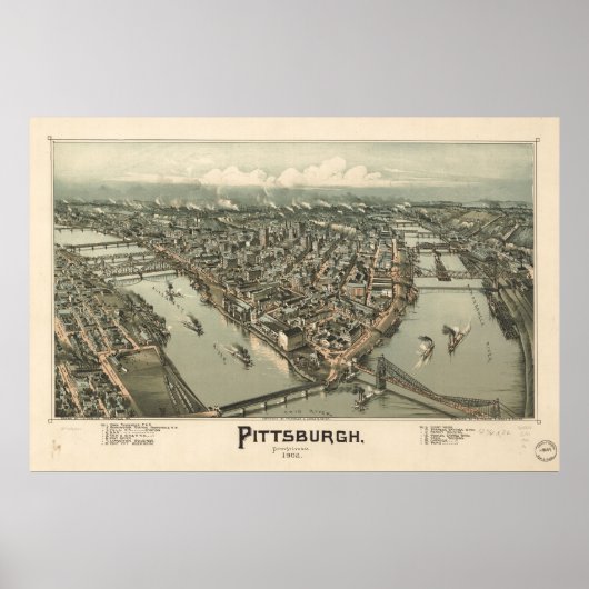 Kaart van Pittsburgh, Uitzicht van vogels en ogen, Poster (Voorkant)
