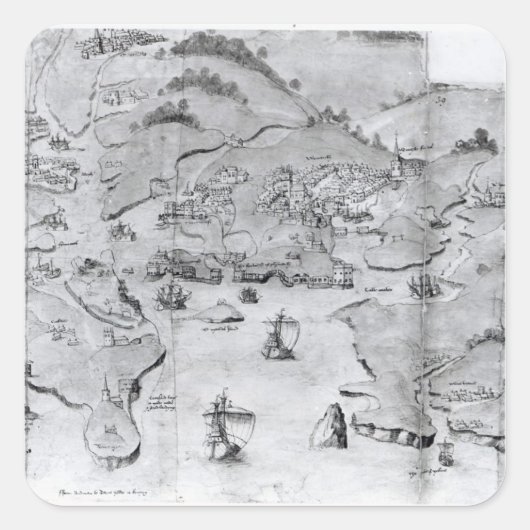 Kaart van Plymouth, c.1539 Vierkante Sticker (Voorkant)