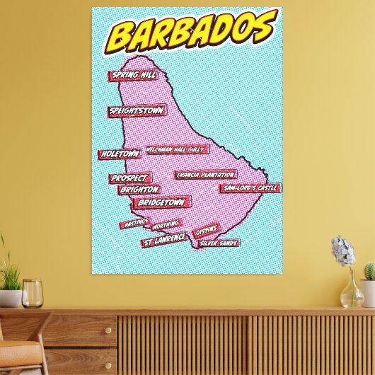 Kaart van pop Art Illustrated Barbados Canvas Afdruk (Insitu (Woonkamer))