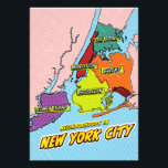 Kaart van pop Art Illustrated New York City Foto Afdruk<br><div class="desc">Een gestileerde kaart van New York City,  weergegeven in een stripboekstijl. De vijf boroughs zijn in felle zwarte lijnen en hebben levendige kleuren: Manhattan (rood),  Brooklyn (geel),  Queens (sinaasappel),  The Bronx (groen) en Staten Island (paarse). Elk stadsdeel heeft zijn naam in een witte doos met een zwarte omtrek.</div>
