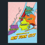 Kaart van pop Art Illustrated New York City Foto Afdruk<br><div class="desc">Een gestileerde kaart van New York City,  weergegeven in een stripboekstijl. De vijf boroughs zijn in felle zwarte lijnen en hebben levendige kleuren: Manhattan (rood),  Brooklyn (geel),  Queens (sinaasappel),  The Bronx (groen) en Staten Island (paarse). Elk stadsdeel heeft zijn naam in een witte doos met een zwarte omtrek.</div>