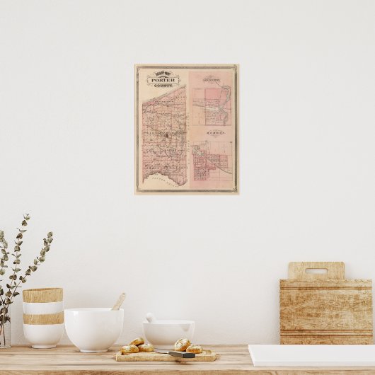 Kaart van Porter County met Chesterton, Hebron Poster (Keuken)