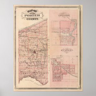Kaart van Porter County met Chesterton, Hebron Poster