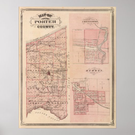 Kaart van Porter County met Chesterton, Hebron Poster (Voorkant)