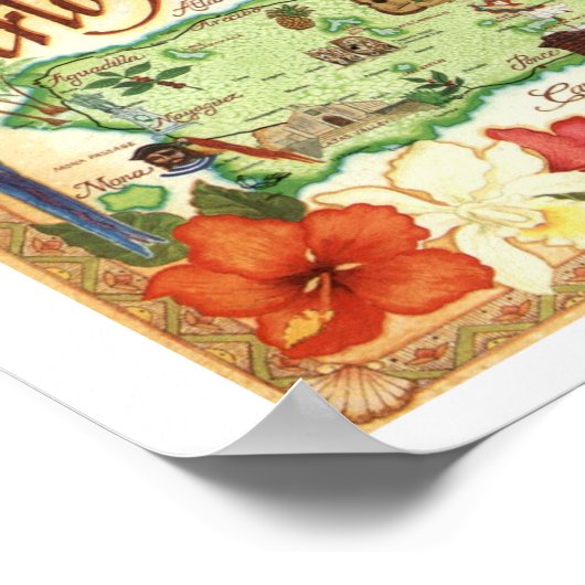 Kaart van Puerto Rico Kleurrijke  Print (Hoek)