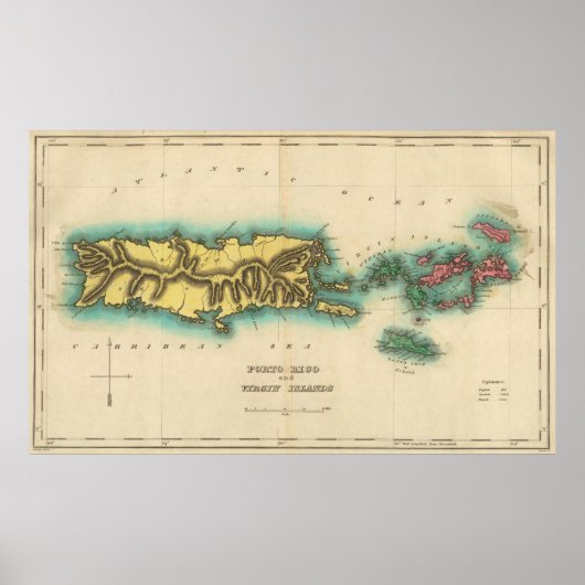 kaart van Puerto Rico & Maagdeneilanden (1822) Poster (Voorkant)