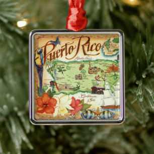 Kaart van Puerto Rico met vintage illustraties Metalen Ornament