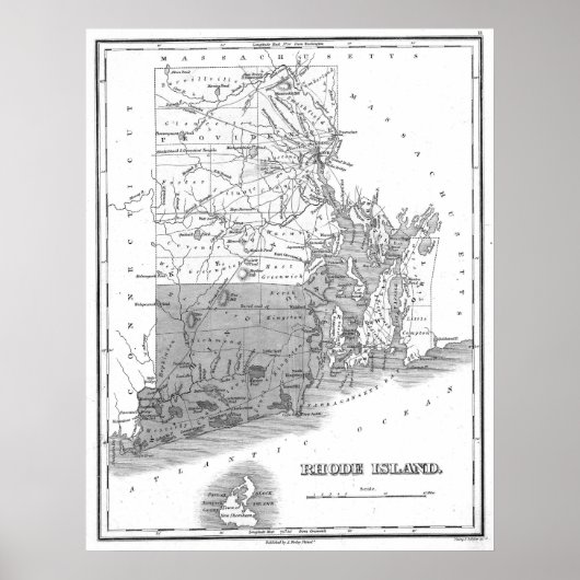  kaart van Rhode Island (1827) BW Poster (Voorkant)