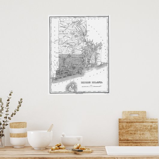  kaart van Rhode Island (1827) BW Poster (Keuken)