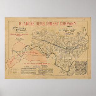  kaart van Roanoke VA (1890) Poster