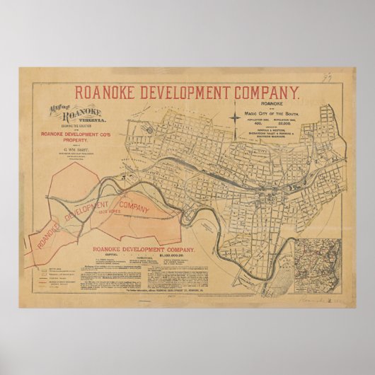  kaart van Roanoke VA (1890) Poster (Voorkant)