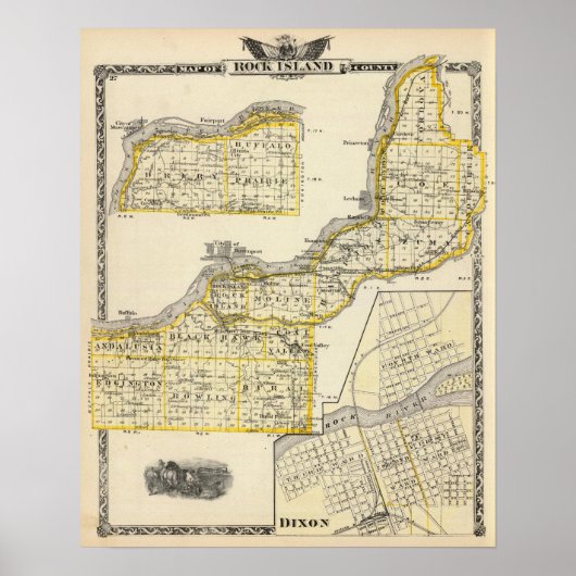 Kaart van Rock Island County en Dixon Poster (Voorkant)