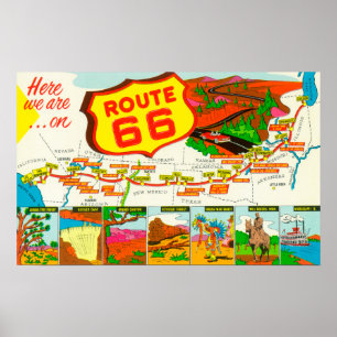 Kaart van Route 66 van Los Angeles aan Chicago Poster