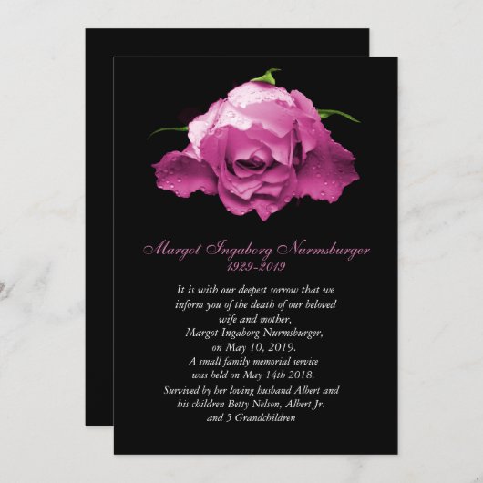 Kaart van roze rozenoverlijdensaankondiging (Voorkant / Achterkant)
