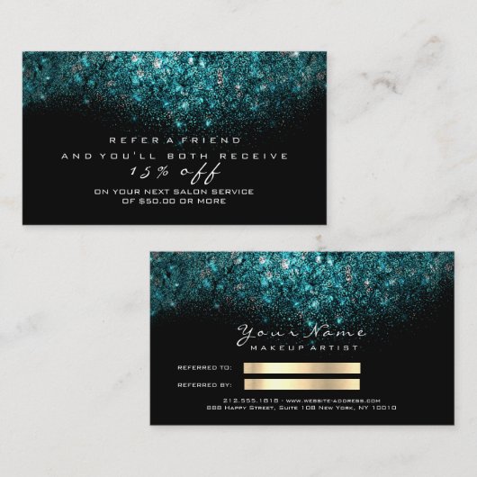 Kaart van Salon Referral Glitter Gold Blauwgroen O (Voorkant / Achterkant)