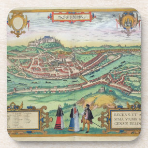Kaart van Salzburg, uit "Civitates Orbis Terrarum" Bier Onderzetter
