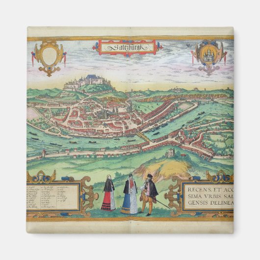 Kaart van Salzburg, uit "Civitates Orbis Terrarum" Magneet (Voorkant)