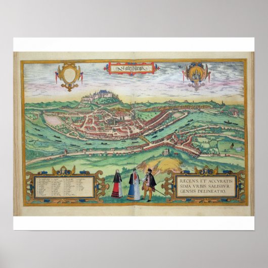 Kaart van Salzburg, uit "Civitates Orbis Terrarum" Poster (Voorkant)