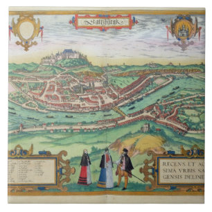 Kaart van Salzburg, uit "Civitates Orbis Terrarum" Tegeltje