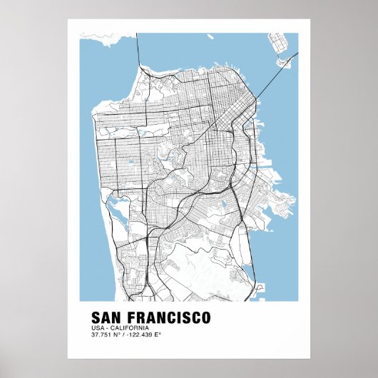 Kaart van San Francisco Poster - California White (Voorkant)
