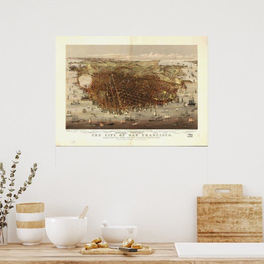 Kaart van San Francisco, Uitzicht van vogelpest, 1 Poster (Keuken)