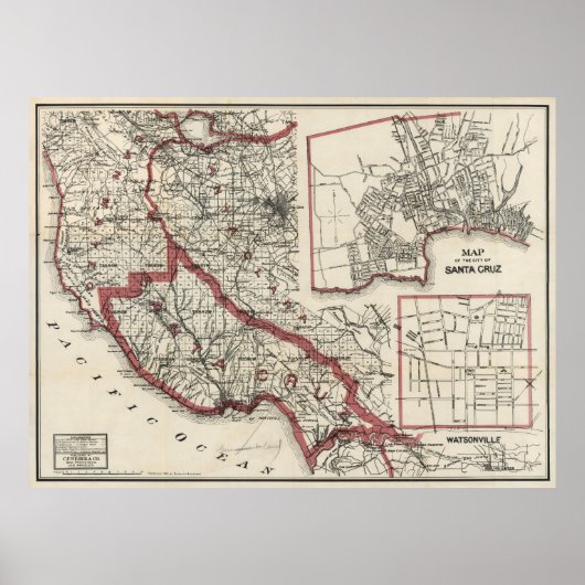 kaart van Santa Cruz County CA (1914) Poster (Voorkant)