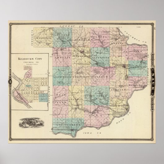 Kaart van Sauk County en Kilbourn City Poster (Voorkant)