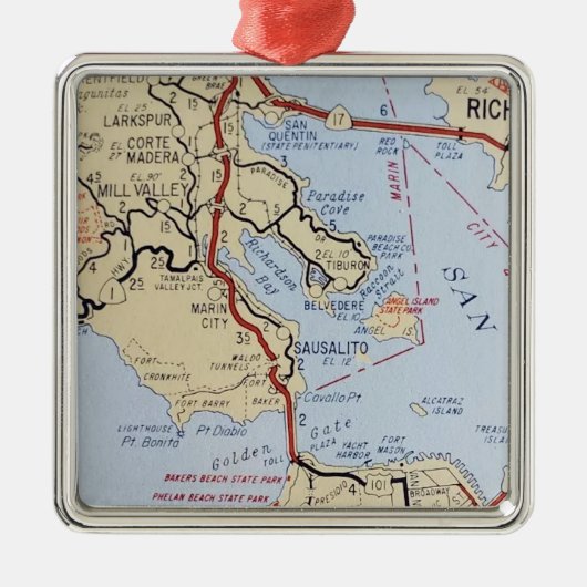 Kaart van Sausalito Mill Valley Metalen Ornament (Voorkant)
