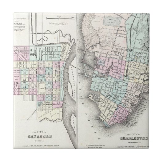 kaart van Savannah en Charleston (1855) Tegeltje (Voorkant)