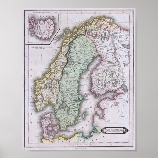 Kaart van Scandinavië, Noorwegen, Zweden, Finland, Poster (Voorkant)