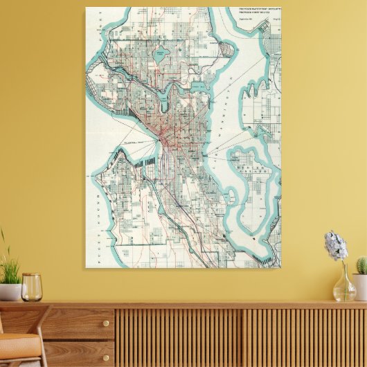  kaart van Seattle Washington (1911) Canvas Afdruk (Insitu (Woonkamer))