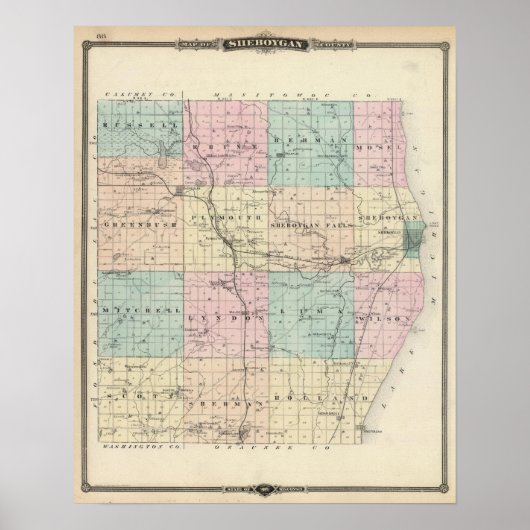 Kaart van Sheboygan County, staat Wisconsin Poster (Voorkant)