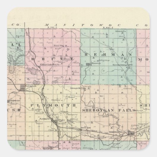 Kaart van Sheboygan County, staat Wisconsin Vierkante Sticker (Voorkant)