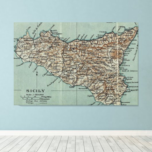 kaart van Sicilië (1911) Canvas Afdruk (Insitu (Houten vloer))