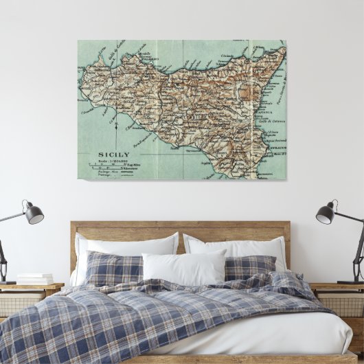 kaart van Sicilië (1911) Canvas Afdruk (Insitu (Slaapkamer))