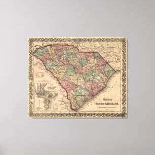 kaart van South Carolina (1865) Canvas Afdruk
