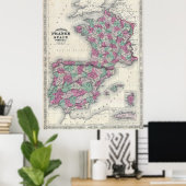 kaart van Spanje en Frankrijk (1865) Poster (Thuiskantoor)