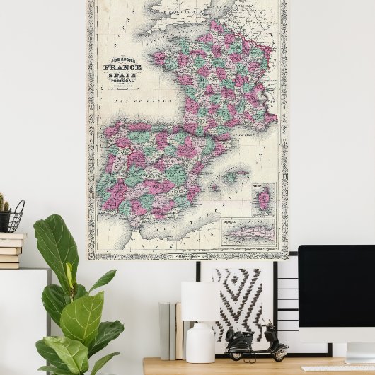 kaart van Spanje en Frankrijk (1865) Poster (Thuiskantoor)