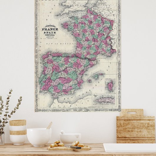 kaart van Spanje en Frankrijk (1865) Poster (Keuken)