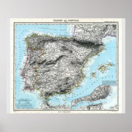 Kaart van Spanje en Portugal (1891) Poster