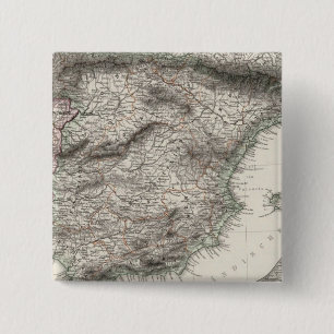 Kaart van Spanje en Portugal door Stieler Vierkante Button 5,1 Cm