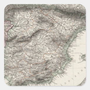 Kaart van Spanje en Portugal door Stieler Vierkante Sticker