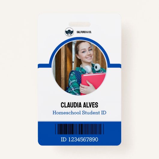 Kaart van studentnummer | Blauw-wit Homeschool ID Badge (Voorkant)