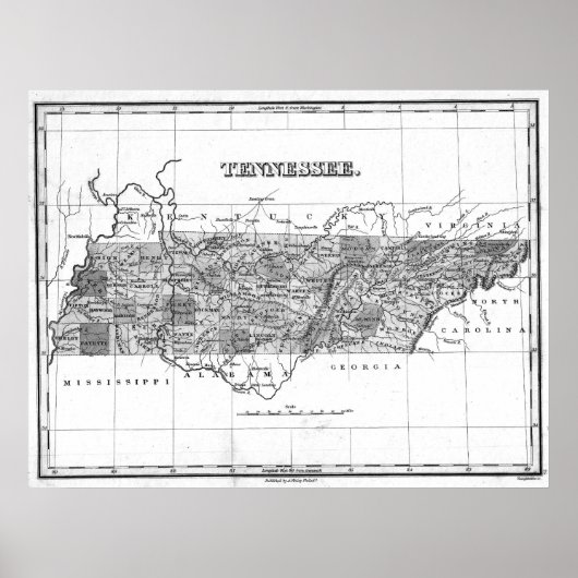  kaart van Tennessee (1827) BW Poster (Voorkant)