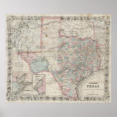  kaart van Texas (1870) Poster (Voorkant)