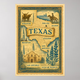  kaart van Texas, 1885 Poster