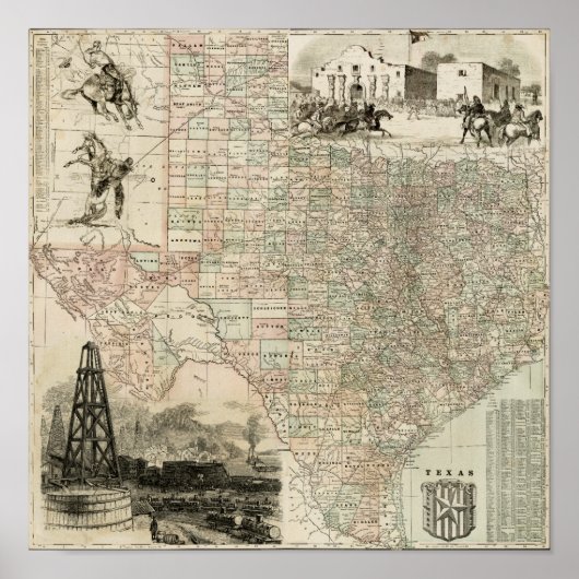 Kaart van Texas met County Borders Poster (Voorkant)