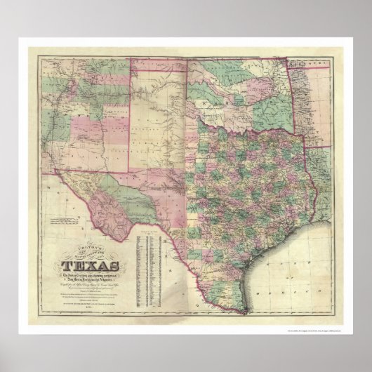 Kaart van Texas Territory door Colton 1872 Poster (Voorkant)