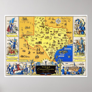 Kaart van Texas vanaf de honderdjarige tentoonstel Poster