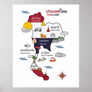 Kaart van Thailand Tourist Travel Art Poster